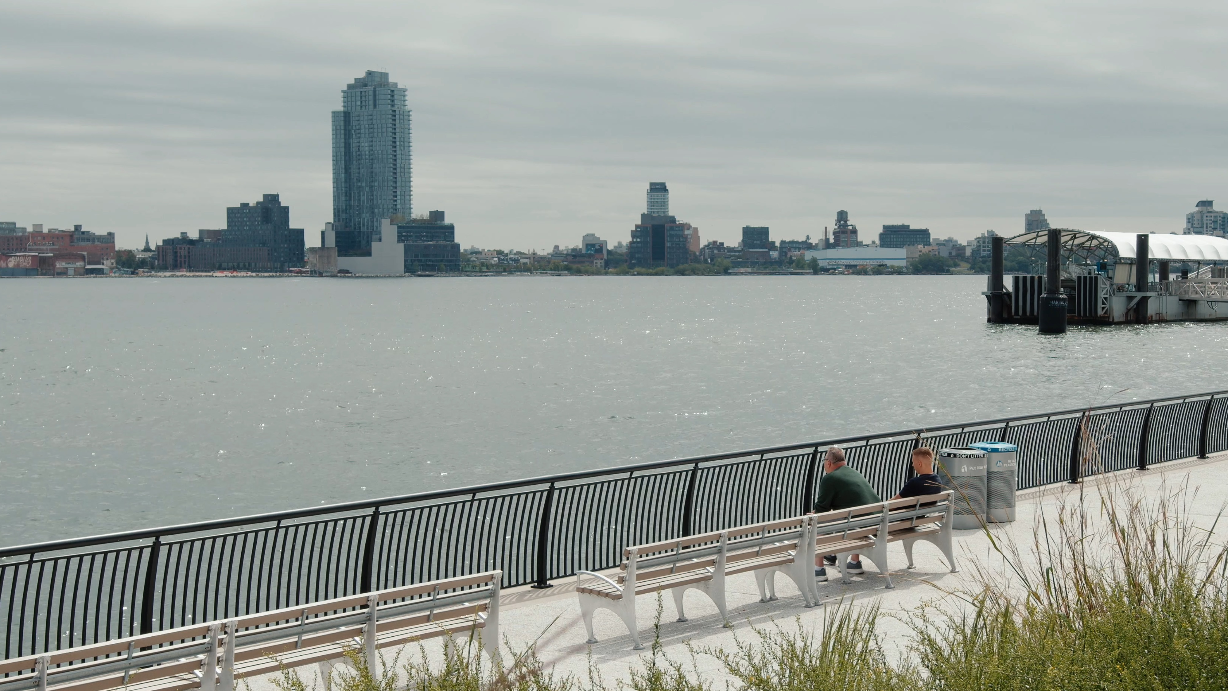 Looking out across the Hudson River from the raised coastal protection barrier that acts as recreational space for the people of New York City.